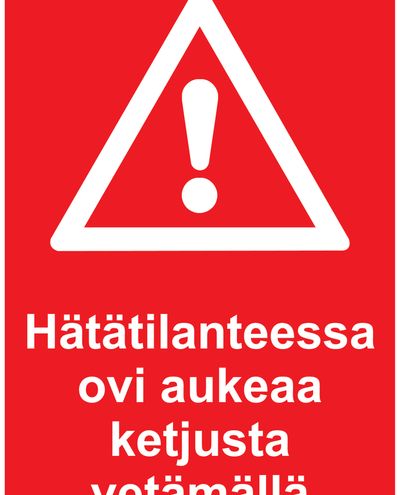 I nødstilfeller åpnes døren ved å trekke i kjettingen. Reflekterende klistremerke, 200x300 mm.