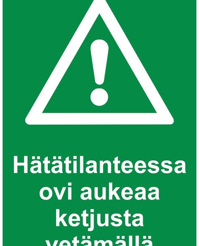 I nødstilfeller åpnes døren ved å trekke i kjettingen. Reflekterende klistremerke, 200x300 mm.