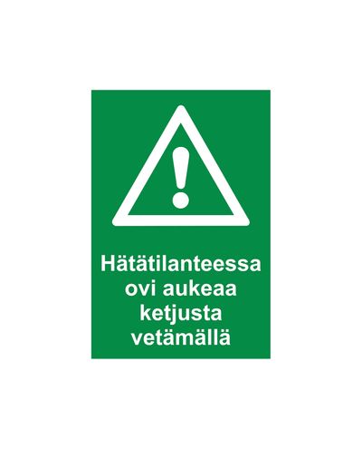 I nødstilfeller åpnes døren ved å trekke i kjettingen. Reflekterende klistremerke, 200x300 mm.