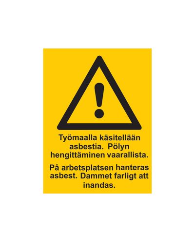 Asbest håndteres på byggeplassen, det er farlig å puste inn støvet, klistremerke, 200x300 mm
