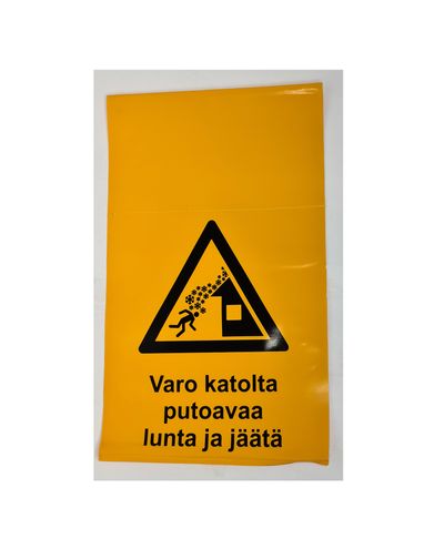Vær oppmerksom på snø og is som faller fra taket – varselskilt som skal henges på eiendommens bomme Vær oppmerksom på snø og is som faller fra taket – varselskilt som skal henges på eiendommens bomme