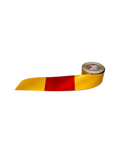 Varseltape vertikal stripe rød/gul R1, 100 mm